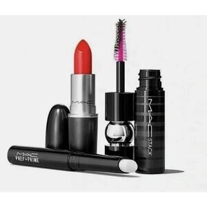 Mac Cosmetics Kit: Relentlessly Red Lipstick, Lip Primer, Black Stack Mascara